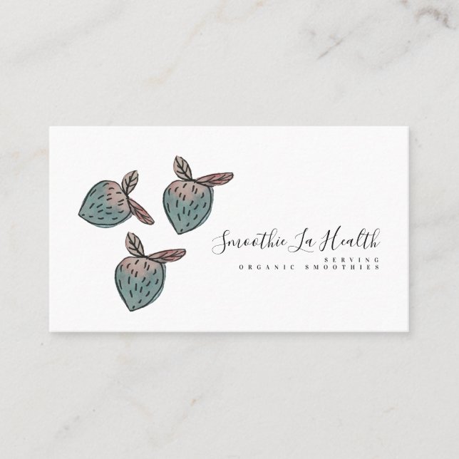 Watercolor Strawberry Doodle Pink Blue  Business Card (Front)