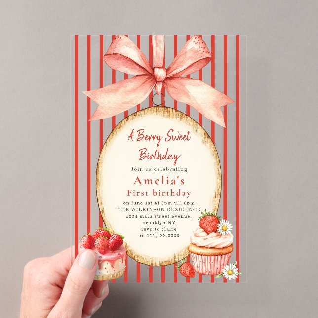 Watercolor Strawberry First Birthday Acrylic  Invitations (Insitu (Handheld))