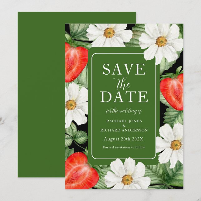 Watercolor Strawberry Floral Wedding  Save The Date (Front/Back)