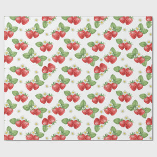 Watercolor Strawberry Fruit and Flowers Wrapping Paper