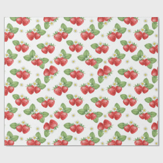 Watercolor Strawberry Fruit and Flowers  Wrapping Paper