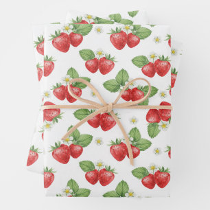 Watercolor Strawberry Fruit and Flowers Wrapping Paper Sheet