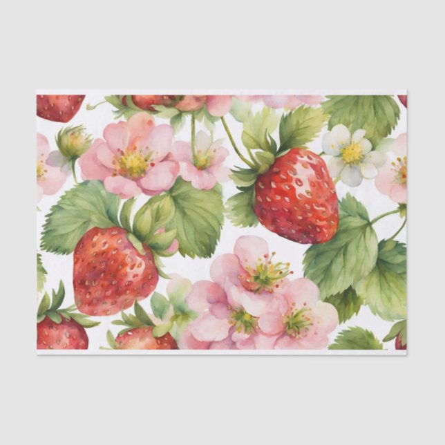 Watercolor Strawberry Fruit and Pink Flowers Tissue Paper (Front)
