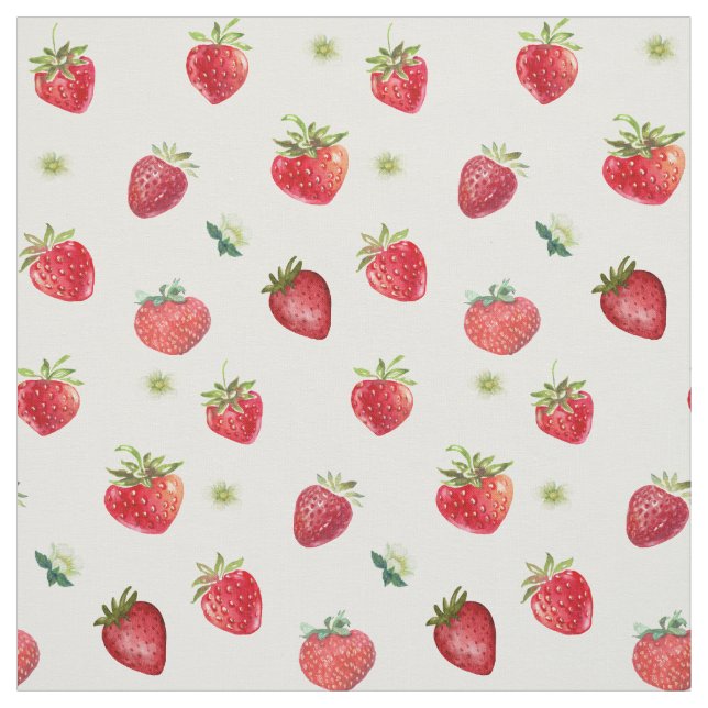 Watercolor Strawberry Fruit and Strawberry Flowers Fabric (Swatch)