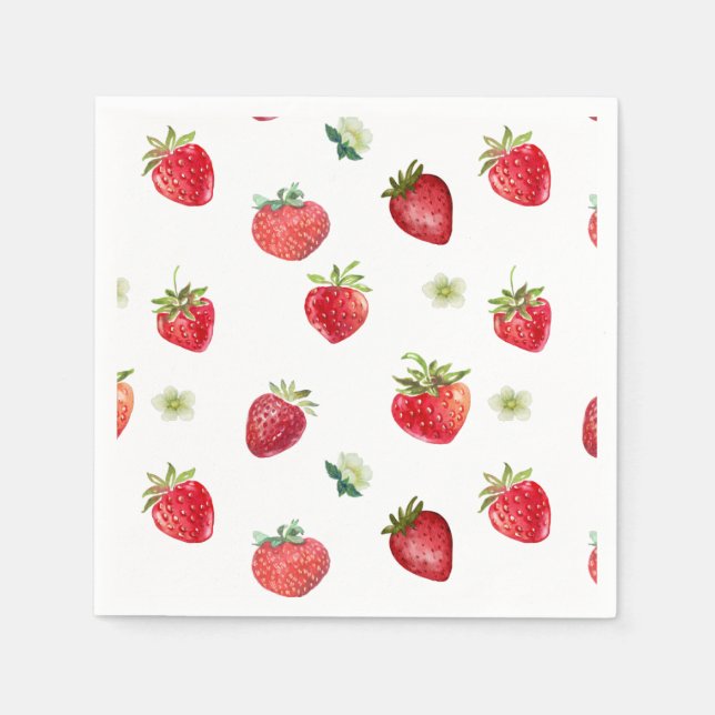 Watercolor Strawberry Fruit and Strawberry Flowers Napkin (Front)