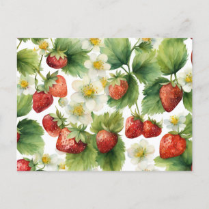 Watercolor Strawberry Fruit and Strawberry Flowers Postcard
