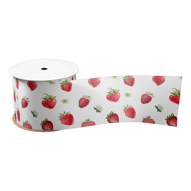 Watercolor Strawberry Fruit and Strawberry Flowers Satin Ribbon (Spool)