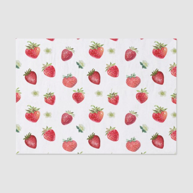 Watercolor Strawberry Fruit and Strawberry Flowers Tissue Paper (Front)