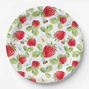 Watercolor Strawberry Fruit, Bees and Butterflies  Paper Plate