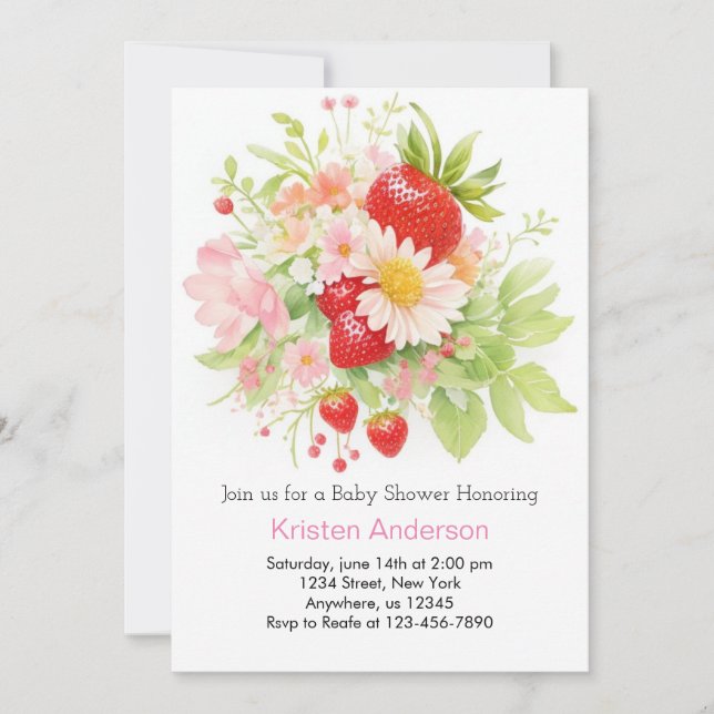 Watercolor Strawberry Girl Baby Shower Invitation (Front)