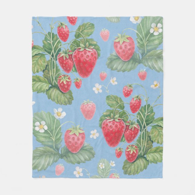 Watercolor strawberry pattern fleece blanket (Front)