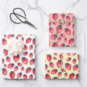 Watercolor Strawberry Pattern Hand-Painted Boho Wrapping Paper Sheet