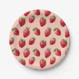 Watercolor Strawberry Pattern Pastel Pink Paper Plate