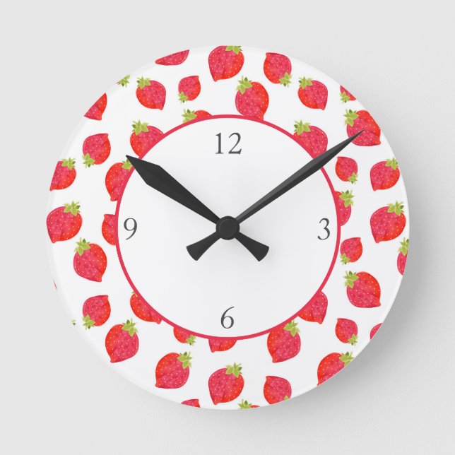 Watercolor Strawberry Pattern  Round Clock (Front)