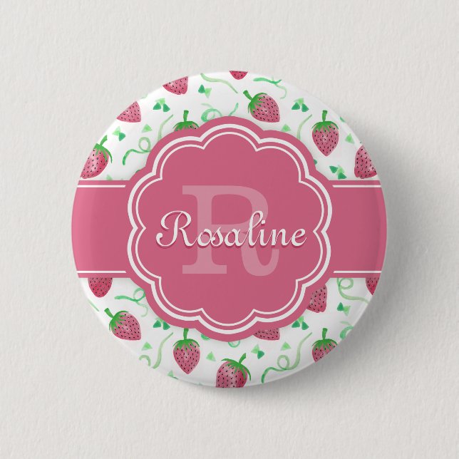 Watercolor Strawberry Pattern with Monogram 6 Cm Round Badge (Front)