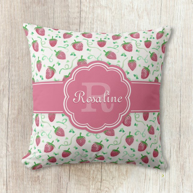Watercolor Strawberry Pattern with Monogram Cushion (Creator Uploaded)