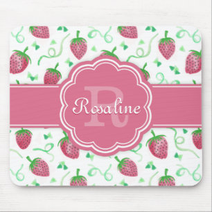 Watercolor Strawberry Pattern with Monogram Mouse Mat