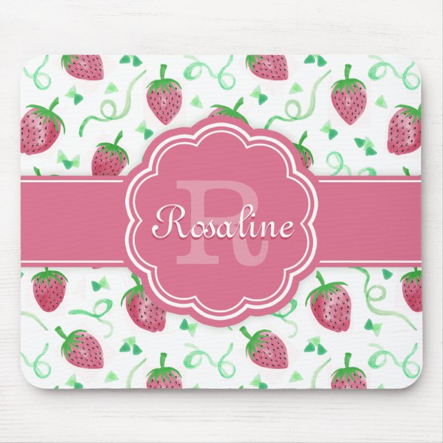 Watercolor Strawberry Pattern with Monogram Mouse Mat (Front)