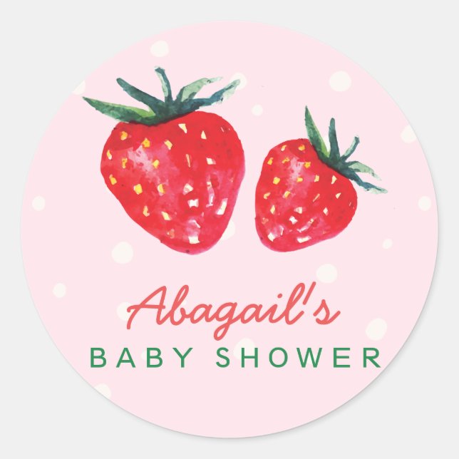 Watercolor Strawberry Personalised Baby Shower Classic Round Sticker (Front)