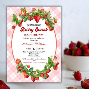 Watercolor Strawberry Pink Gingham Berry Sweet Invitation