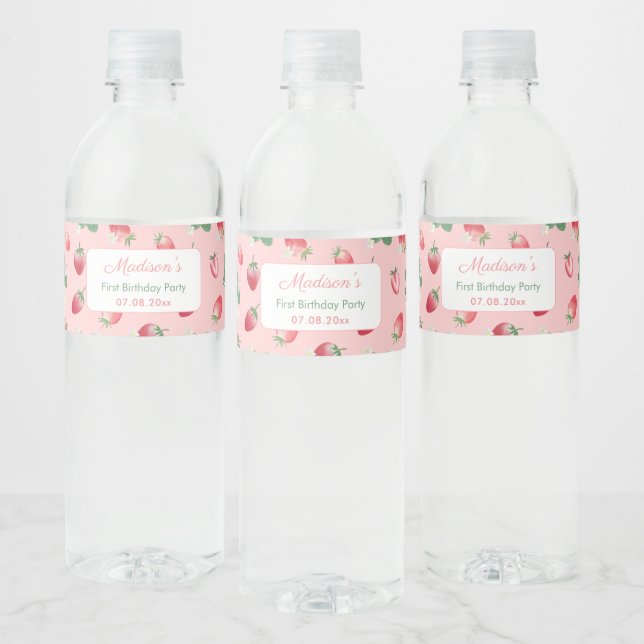 Watercolor Strawberry Pink Girl Birthday Party Water Bottle Label (Bottles)