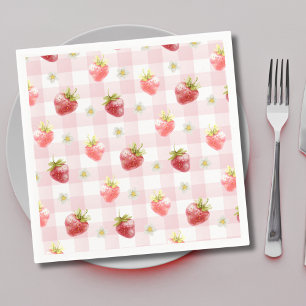 Watercolor Strawberry  Pink Plaid  Napkin