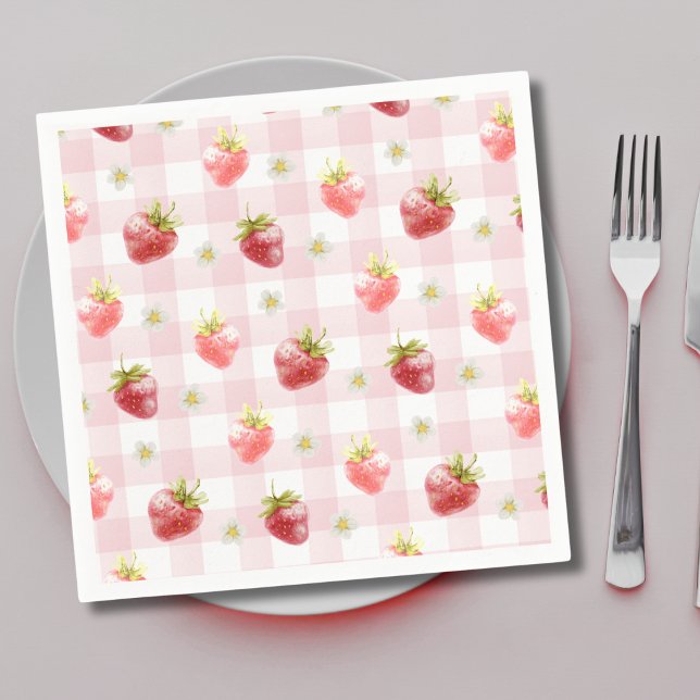Watercolor Strawberry  Pink Plaid  Napkin (Creator Uploaded)
