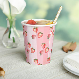 Watercolor Strawberry Pink Stripes Paper Cups