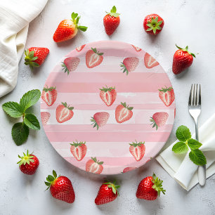 Watercolor Strawberry Pink Stripes Paper Plate