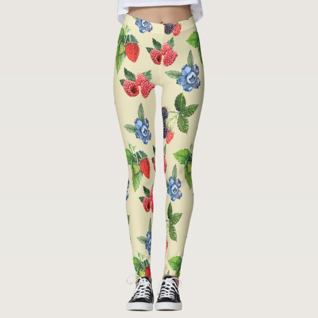 Watercolor Strawberry Raspberry Currant Pattern Leggings (Front)