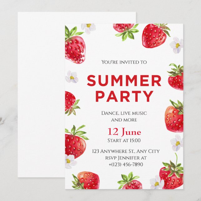 Watercolor Strawberry Summer Party Invitation (Front/Back)