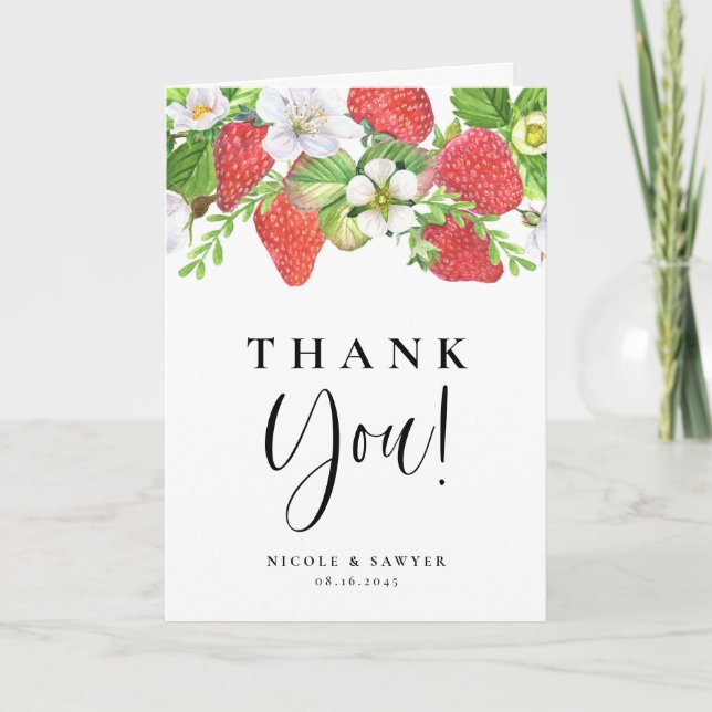 Watercolor Strawberry Summer Wedding Thank You Card (Front)