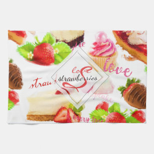 Watercolor Strawberry Sweets Love Monogram Tea Towel