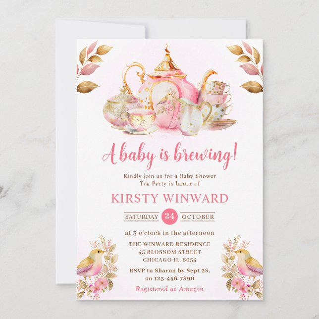 Watercolor Strawberry Tea Party Baby Shower Invitation (Front)