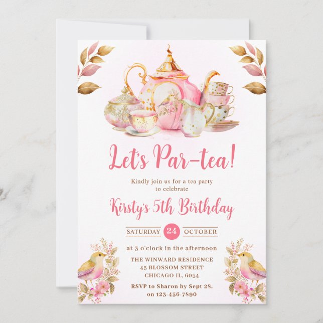 Watercolor Strawberry Tea Party Birthday Party Invitation (Front)