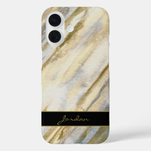 Watercolor Streaks in Tan Gray Blue & Gold w/ Name iPhone 16 Case
