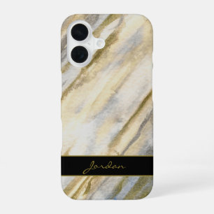 Watercolor Streaks in Tan Gray Blue & Gold w/ Name iPhone 16 Case