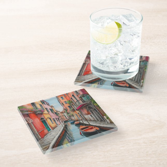 Watercolor Street in Venice  Glass Coaster (Angled)