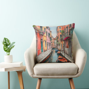 Watercolor Street in Venice Large Throw Cushion