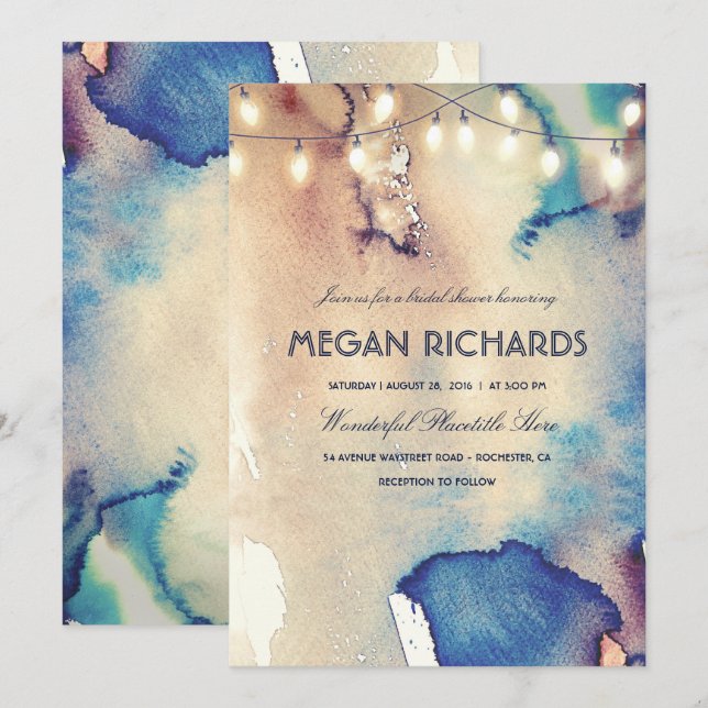 Watercolor String Lights Beach Bridal Shower Invitation (Front/Back)