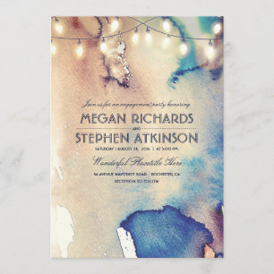 Watercolor String Lights Beach Engagement Party Invitation
