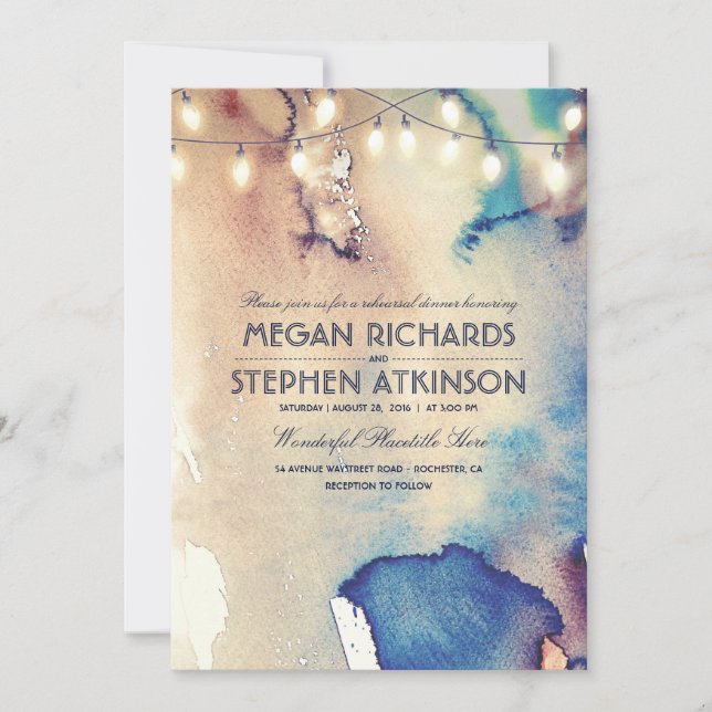 Watercolor String Lights Beach Rehearsal Dinner Invitation (Front)