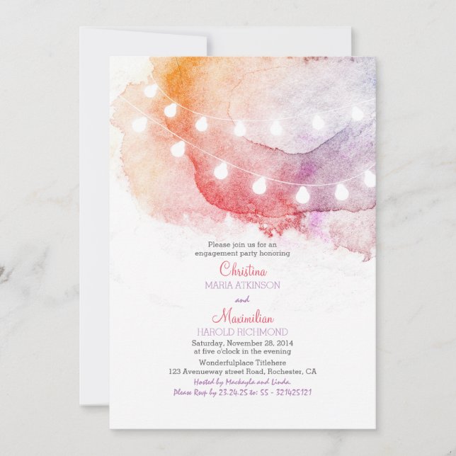 watercolor string lights elegant engagement party invitation (Front)