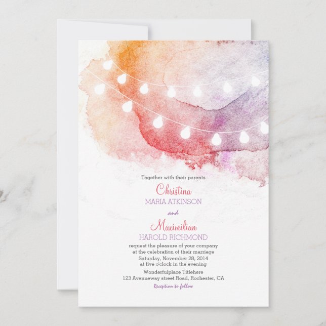 watercolor string lights elegant wedding invitation (Front)