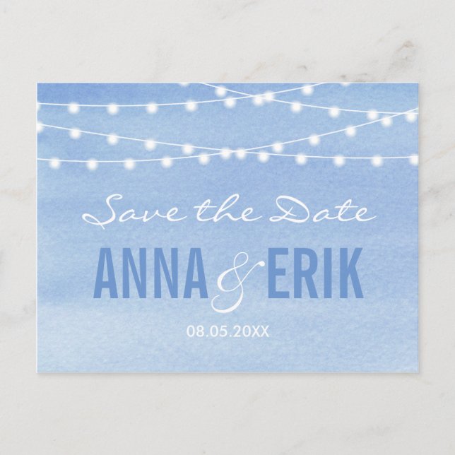 Watercolor String Lights Save The Date Postcard (Front)
