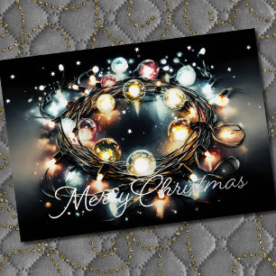 Watercolor String of Christmas Lights Coiled Foil Holiday Card