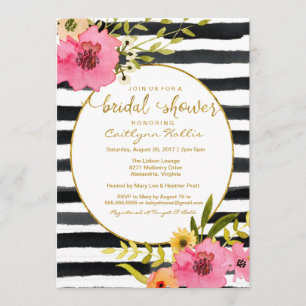 Watercolor Stripe Bright Floral Bridal Shower Invitation