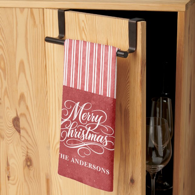 Watercolor stripe Merry Christmas Script Tea Towel (Thirds Fold)