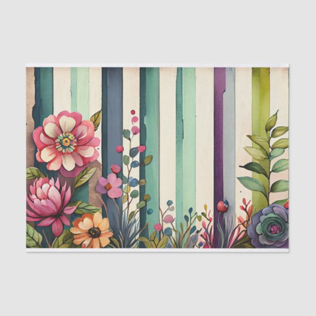 Watercolor Stripe Purple Green Floral Decoupage Tissue Paper (Front)