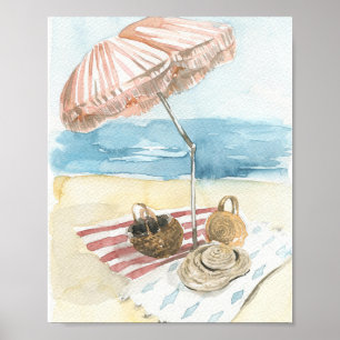 Watercolor Striped Beach Umbrella Poster